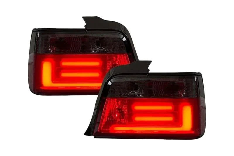 BMW 3 Series E36 sedan tail lights with red and smoke LED bar by K2 Industries, showcasing the JDM-style tail light design.