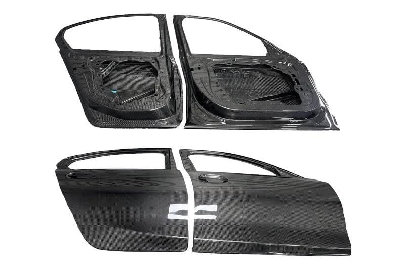 K2 Industries BMW 3 Series G20 G80 M3 carbon fiber doors installed on a 2019 model, showcasing sleek black carbon fiber finish