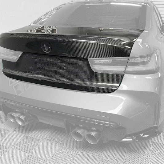 BMW 3 Series G80 M3 OEM style carbon fiber trunk by K2 Industries, showcasing a sleek, lightweight design with a glossy finish.