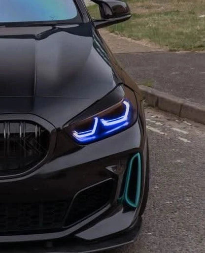 K2 Industries BMW 1 Series F40 F44 DRL Module installed, showcasing LED daytime running lights for model years 2019-2024.