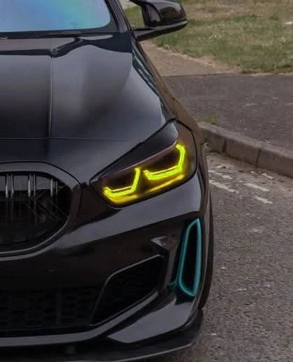 K2 Industries BMW 1 Series F40 F44 DRL module installed in vehicle, showcasing daytime running lights from 2019 to 2024