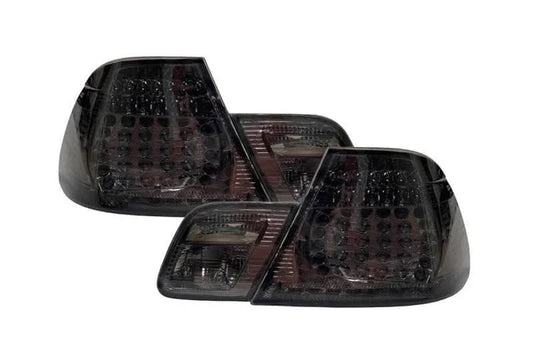BMW E46 Coupe clear smoked LED tail lights by K2 Industries, showing the sleek, smoked lens design with LED detailing.