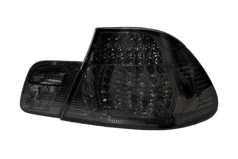 BMW E46 Coupe clear smoked LED tail lights by K2 Industries, showing sleek smoked lenses and LED lighting elements.
