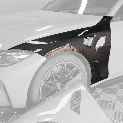 BMW 4 Series G82 M4 carbon fiber fender by K2 Industries, showcasing lightweight, textured carbon fiber material on a sporty vehicle.