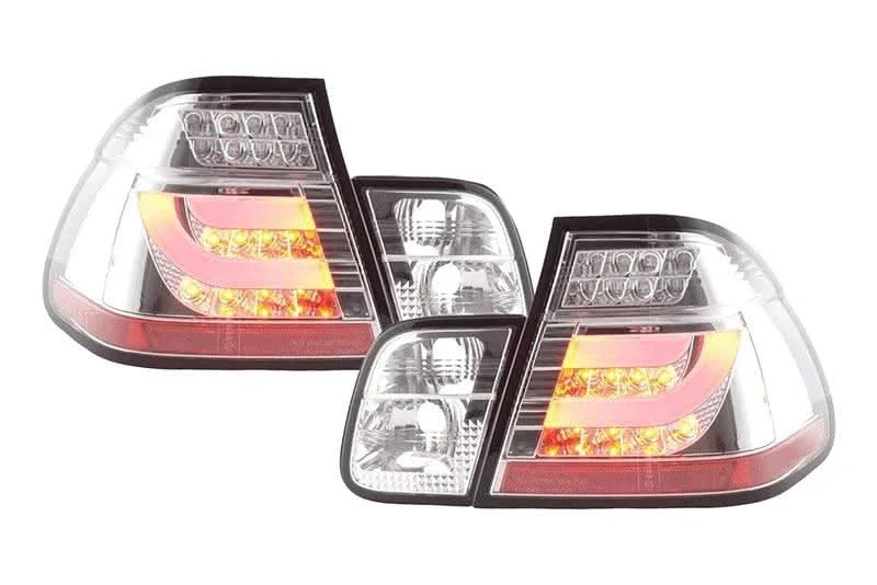 BMW 3-Series E46 sedan chrome LED tail lights by K2 Industries, pre face lift 1998-2001, showing the sleek taillight design.