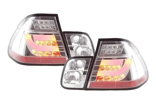 BMW 3-Series E46 sedan chrome LED tail lights by K2 Industries, pre face lift 1998-2001, showing the sleek taillight design.