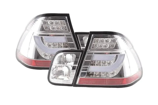 BMW 3-Series E46 sedan chrome LED tail lights by K2 Industries, pre face lift 1998-2001, showing the taillight design and chrome finish.