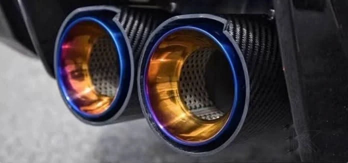 Set of four K2 Industries carbon fiber muffler tips for BMW M series, 60-80mm inlet, stylish exhaust enhancement for M2, M3, M4, M5, M6.