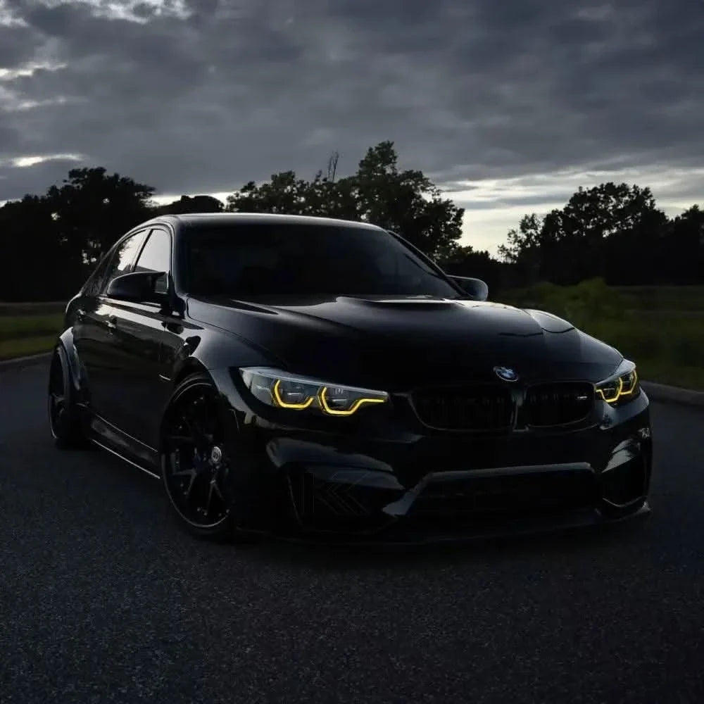 K2 Industries BMW 3/4 Series M3 F80 M4 F82 F83 LCI DRL module installed in vehicle, showcasing LED daytime running lights.