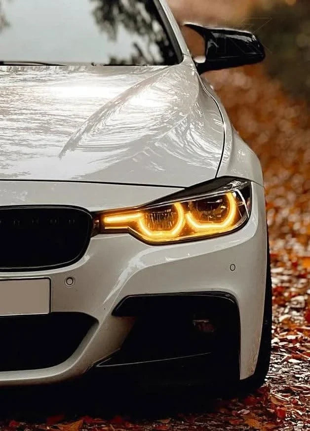 K2 Industries BMW 3 Series F30 F35 F80 DRL modules set for pre-LCI models, featuring sleek daytime running lights on a white car.