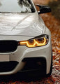 K2 Industries BMW 3 Series F30 F35 F80 DRL modules set for pre-LCI models, featuring sleek daytime running lights on a white car.