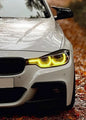 K2 Industries BMW 3 Series F30 F35 F80 DRL modules set for pre-LCI models, shown in black with wiring and connectors.