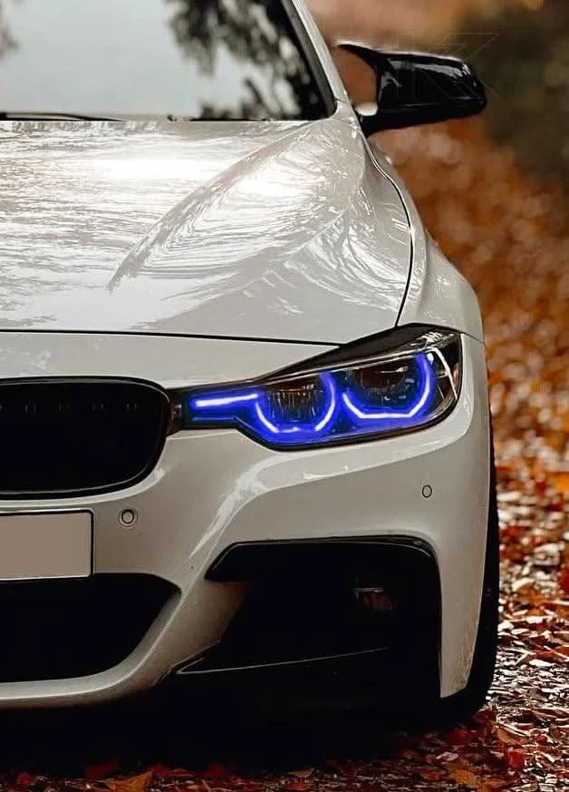K2 Industries BMW 3 Series F30 F35 F80 DRL module set for pre-LCI models, showing the assembled daytime running light modules.