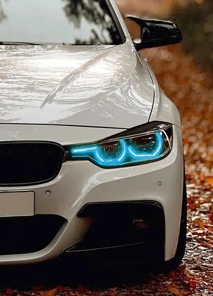 K2 Industries BMW 3 Series F30 F35 F80 DRL modules set for pre-LCI models, showing sleek LED daytime running lights on the vehicle.
