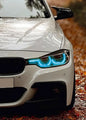 K2 Industries BMW 3 Series F30 F35 F80 DRL modules set for pre-LCI models, showing sleek LED daytime running lights on the vehicle.