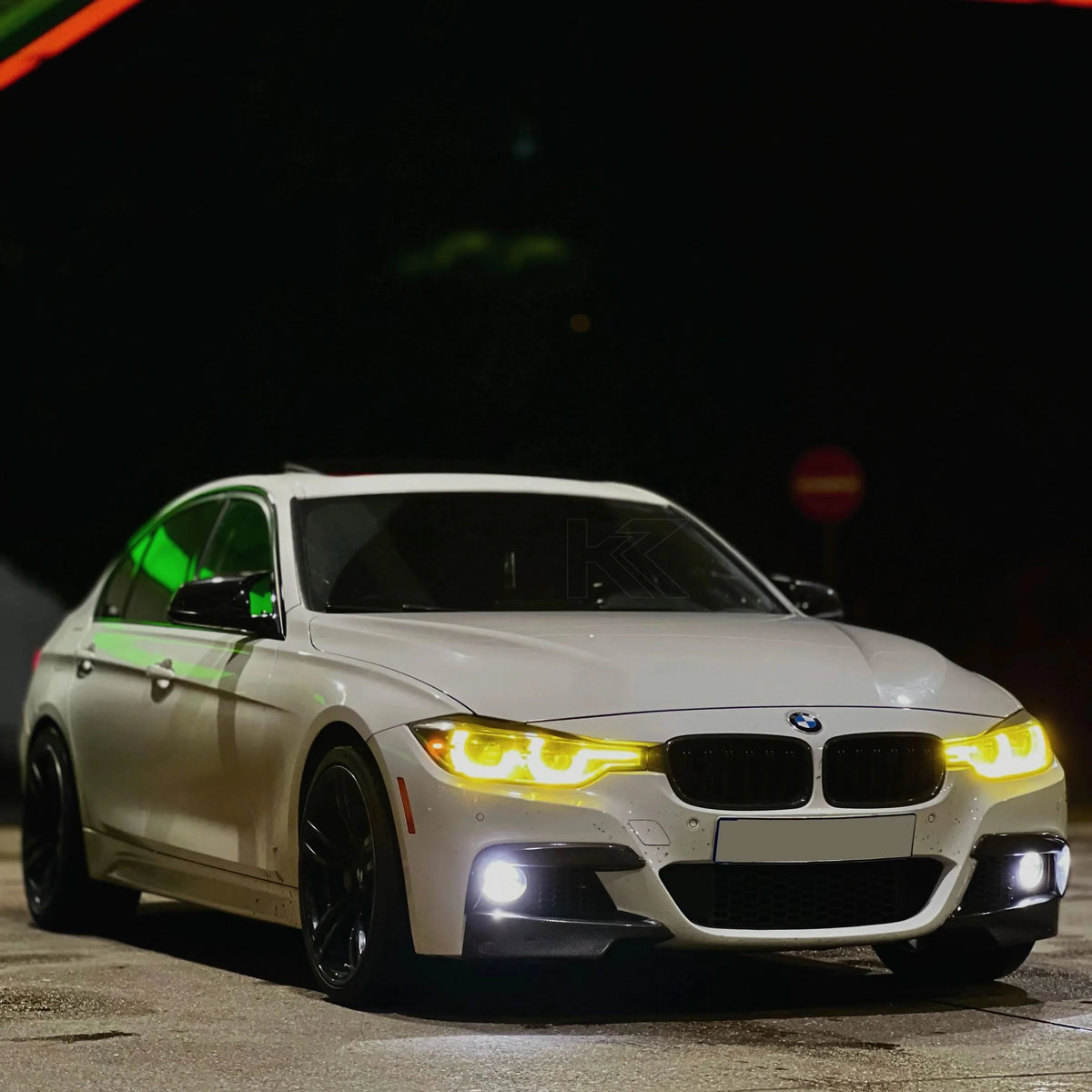 K2 Industries BMW 3 Series F30 F35 F80 DRL modules set for pre-LCI models, showing close-up of sleek daytime running light components.