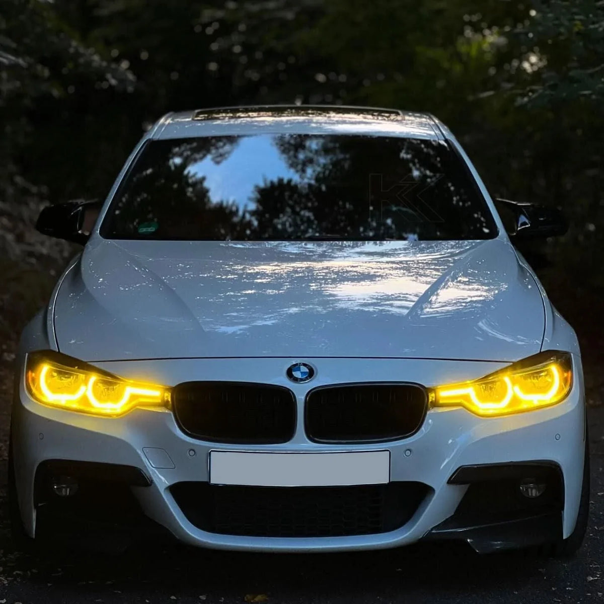 K2 Industries BMW 3 Series F30 F35 F80 DRL modules set for pre-LCI models, showing close-up of LED daytime running light components