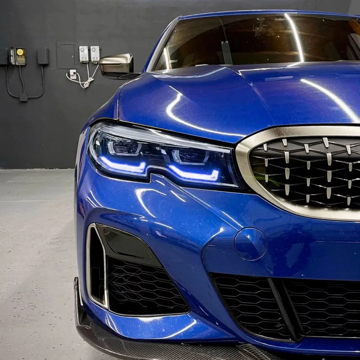 BMW 3 Series G20 DRL headlight modules by K2 Industries, vibrant yellow color for 2019-2022 330i, 320i, 318i, 340i models.
