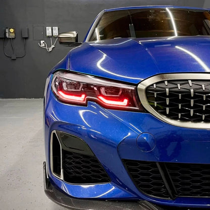 K2 Industries BMW 3 Series G20 DRL headlight modules with vibrant yellow DRL lights for 2019-2022 models.