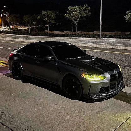 BMW 3/4 Series G80 G82 vibrant yellow DRL module by K2 Industries installed on the vehicle's front lighting system.