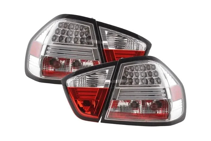 BMW 3-Series E90 sedan chrome LED tail lights by K2 Industries, showing sleek design and bright illumination for model years 2005-2008.