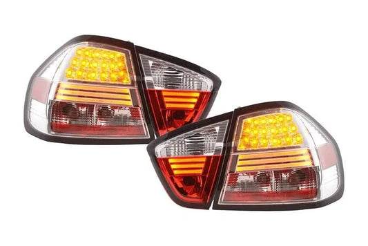 BMW 3-Series E90 sedan chrome LED taillights by K2 Industries, showing close-up of the sleek, reflective tail light design.