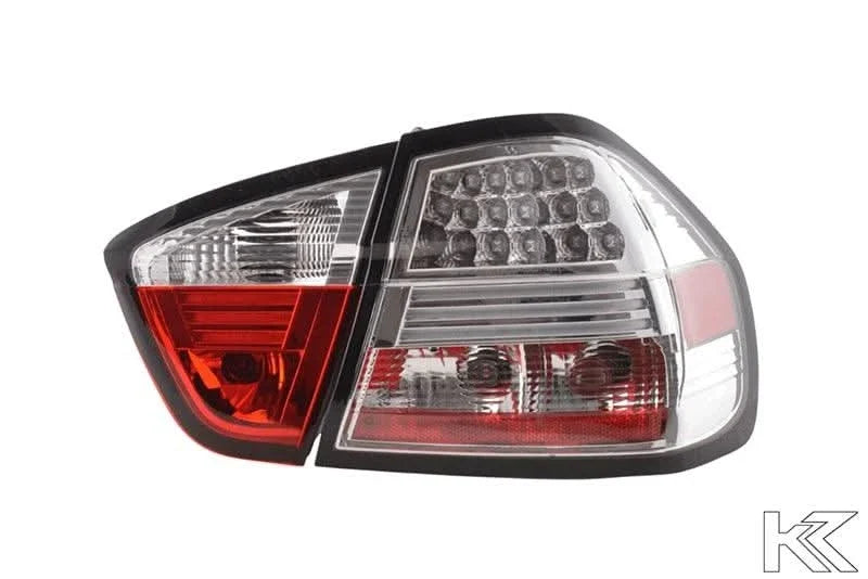 BMW 3-Series E90 sedan chrome LED tail lights by K2 Industries, showing sleek design and bright LED illumination.