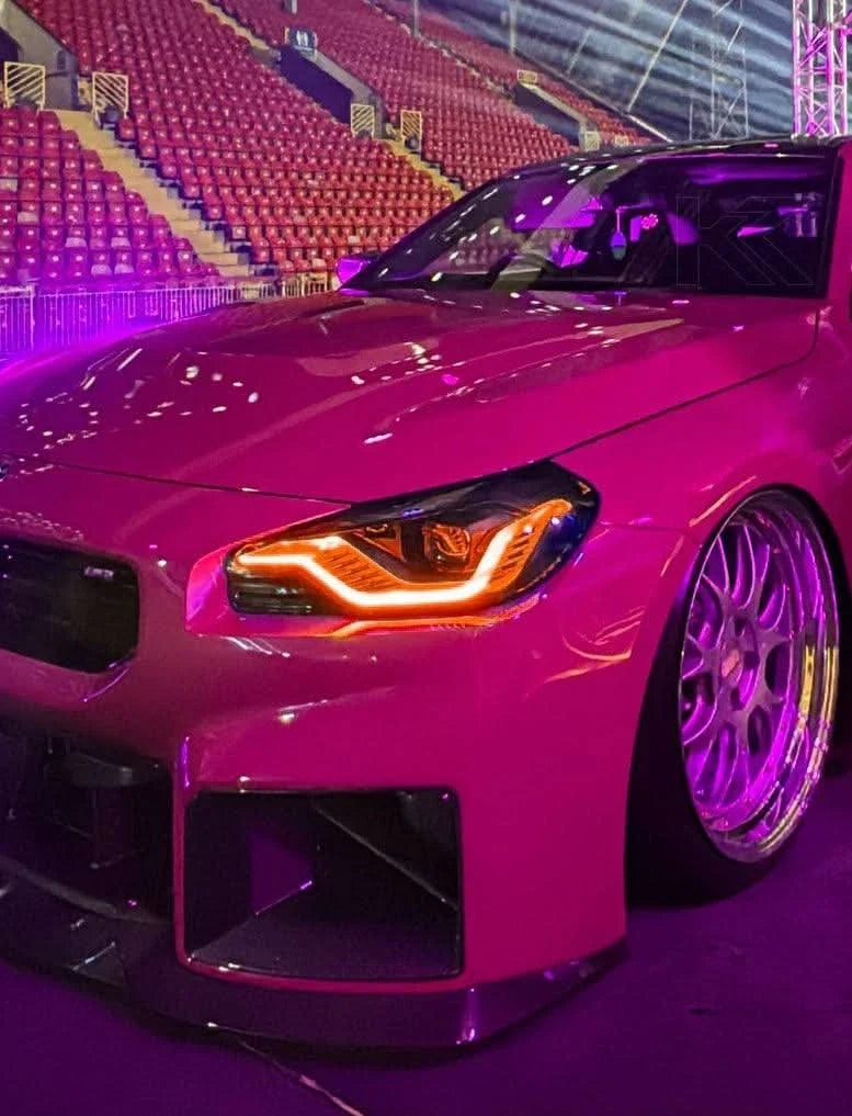 K2 Industries BMW 2 Series M2 G42 G87 DRL module installed, showcasing sleek daytime running lights on a 2022+ model.