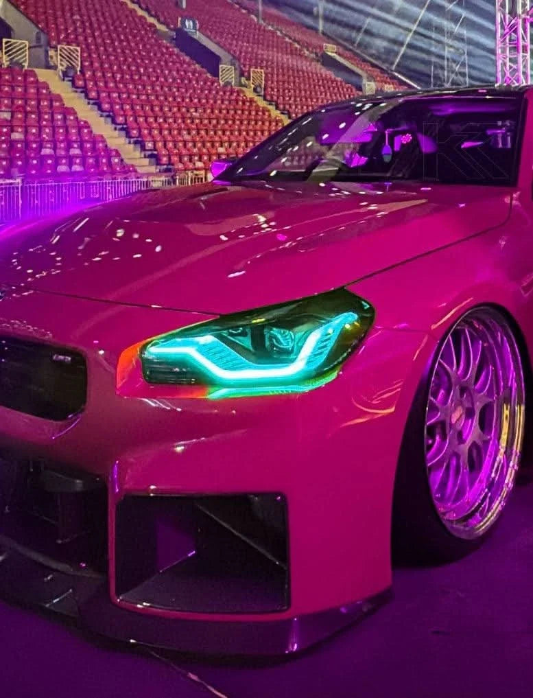 K2 Industries BMW 2 Series M2 G42 G87 DRL module installed, showing sleek daytime running lights on a 2022+ model.