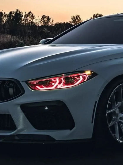K2 Industries BMW 8 Series M8 G14 G15 G16 F93 CSL DRL module installed in vehicle, showcasing LED daytime running lights.