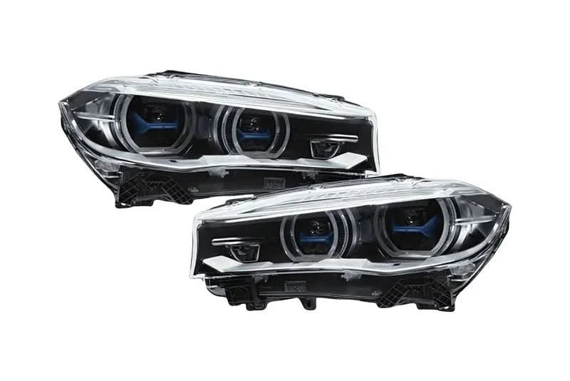 BMW X5 F15 F16 headlights with blue laser style accents from K2 Industries, upgrade for models 2012-2019, showing front view.