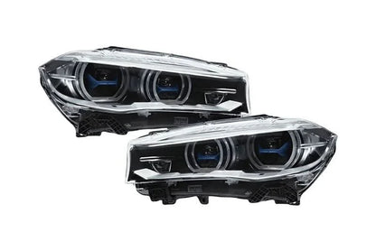 BMW X5 F15 F16 headlights with blue laser style accents from K2 Industries, upgrade for models 2012-2019, showing front view.