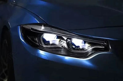 K2 Industries BMW 4 Series F32, F33, F82, F36, F83 M4, F80 M3 LED headlights with X Laser style, front view, clear lens