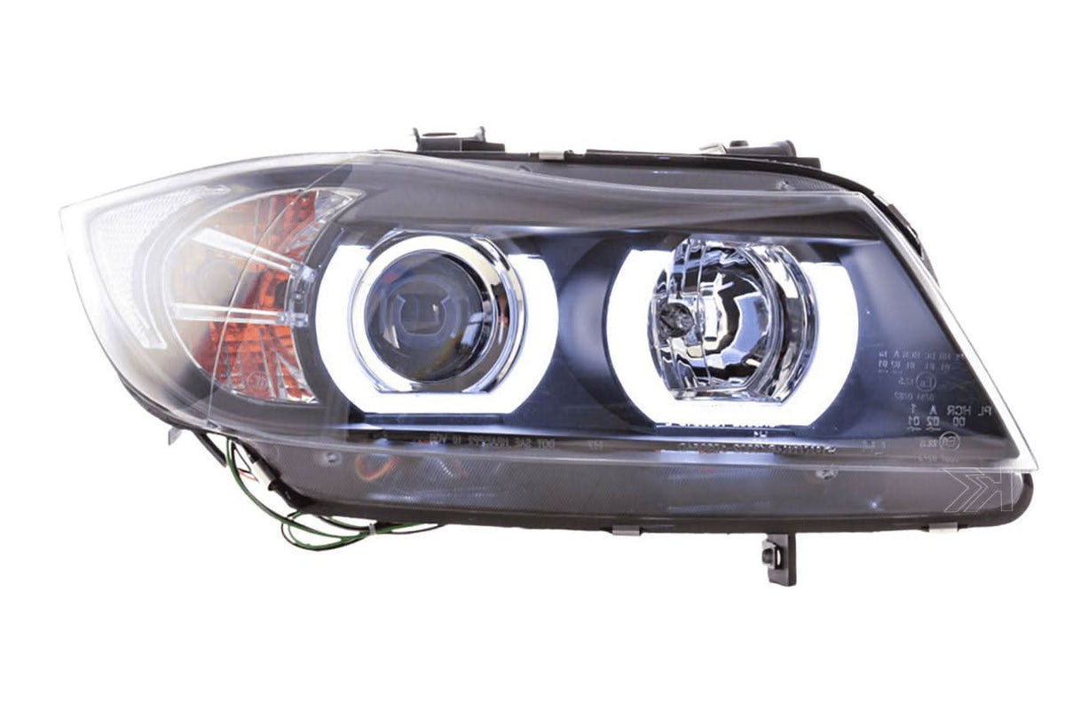 Black U LED headlights for BMW 3-series E90 E91 (2005-2012) by K2 Industries, showing the sleek headlight design.