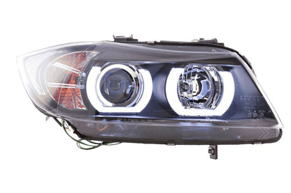 Black U LED headlights for BMW 3-series E90 E91 (2005-2012) by K2 Industries, showing the sleek headlight design.