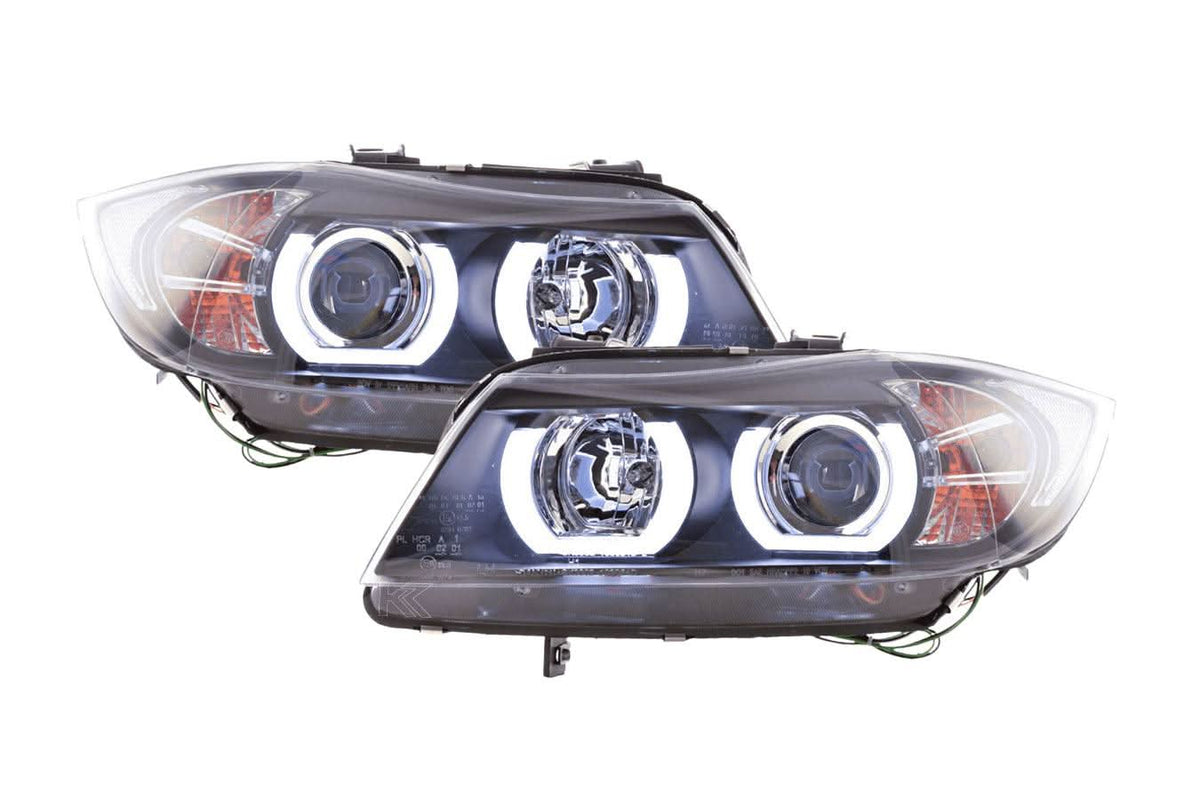 Black U LED headlights for BMW 3-series E90 E91 (2005-2012) by K2 Industries, showing the sleek headlight design.