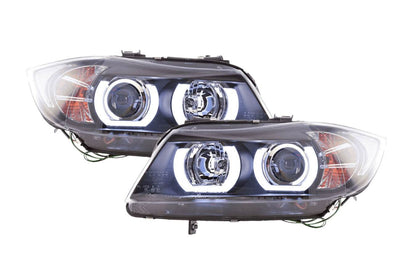Black U LED headlights for BMW 3-series E90 E91 (2005-2012) by K2 Industries, showing the sleek headlight design.