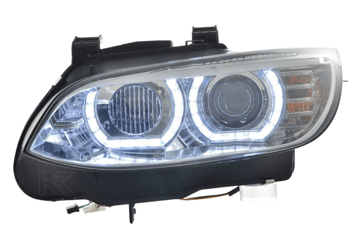 K2 Industries chrome LED headlights for BMW 3-series E92/E93 non-AFS models, 2006-2010, with sleek design and advanced lighting.