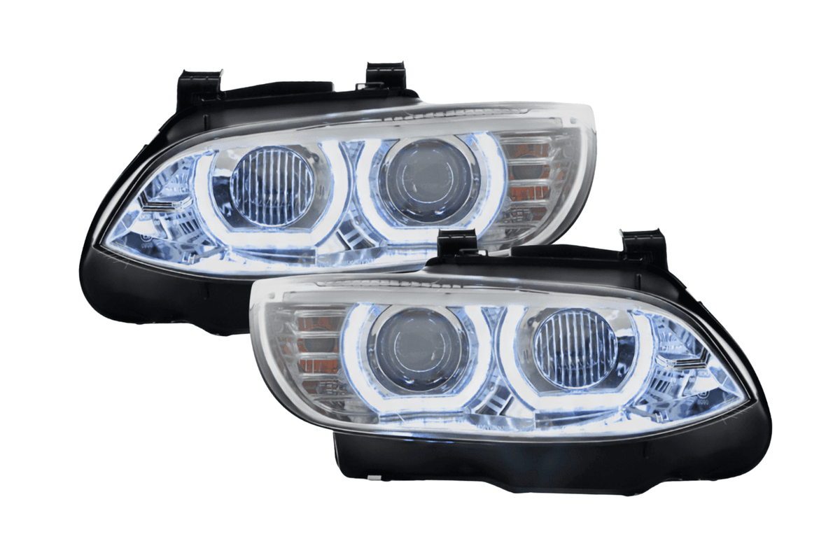K2 Industries chrome LED headlights for BMW 3-series E92/E93 non-AFS models, 2006-2010, showcasing sleek upgrade design