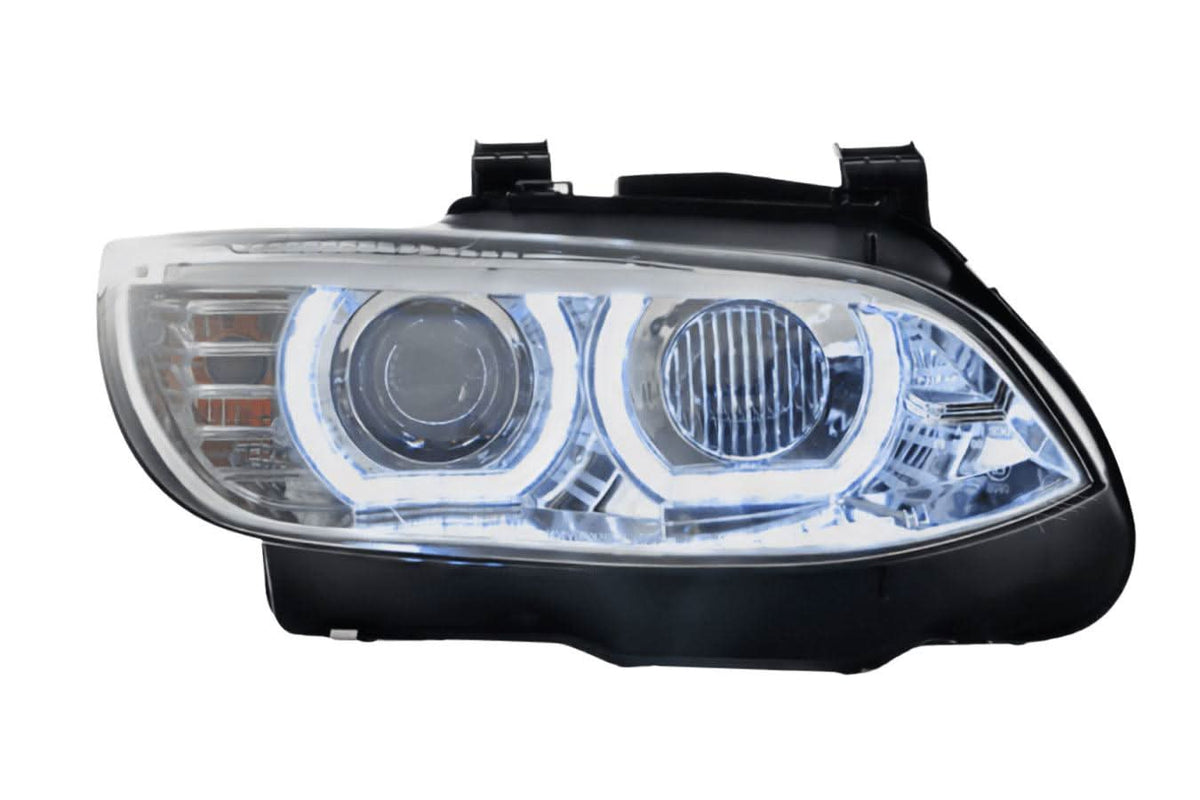 Chrome LED headlights upgrade for BMW 3-series E92/E93 non-AFS models by K2 Industries, showcasing sleek headlight design.