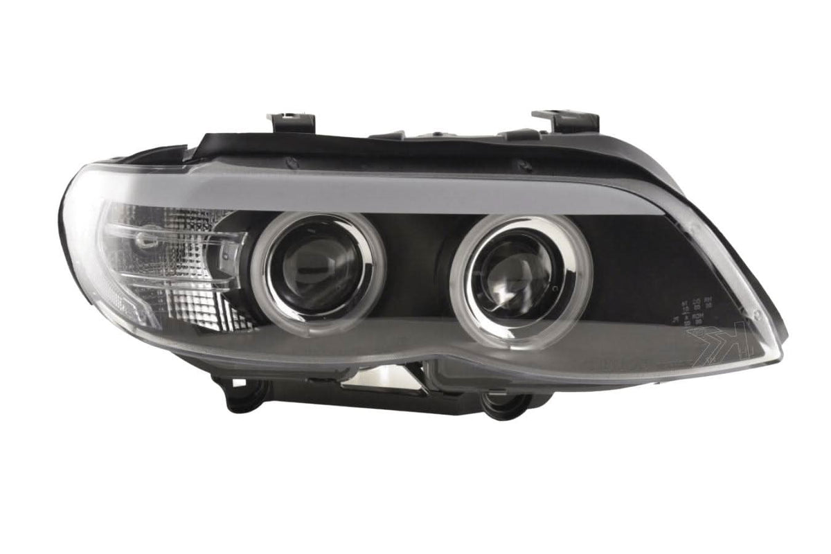 BMW X5 E53 headlights with black angel eyes and LED accents by K2 Industries, showcasing the CCFL lighting design.