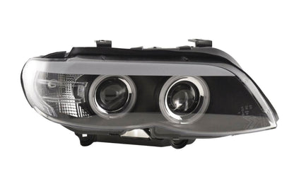 BMW X5 E53 headlights with black angel eyes and LED accents by K2 Industries, showcasing the CCFL lighting design.