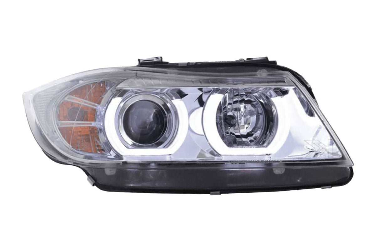 BMW 3 Series E90/E91 chrome LED U BAR headlights by K2 Industries, showing front view with sleek design and LED lighting elements.