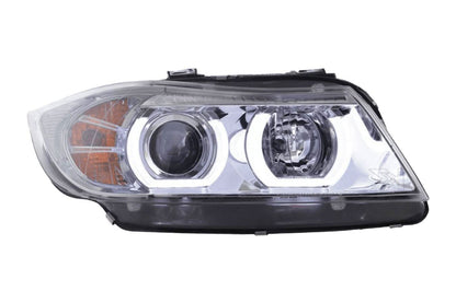 BMW 3 Series E90/E91 chrome LED U BAR headlights by K2 Industries, showing front view with sleek design and LED lighting elements.