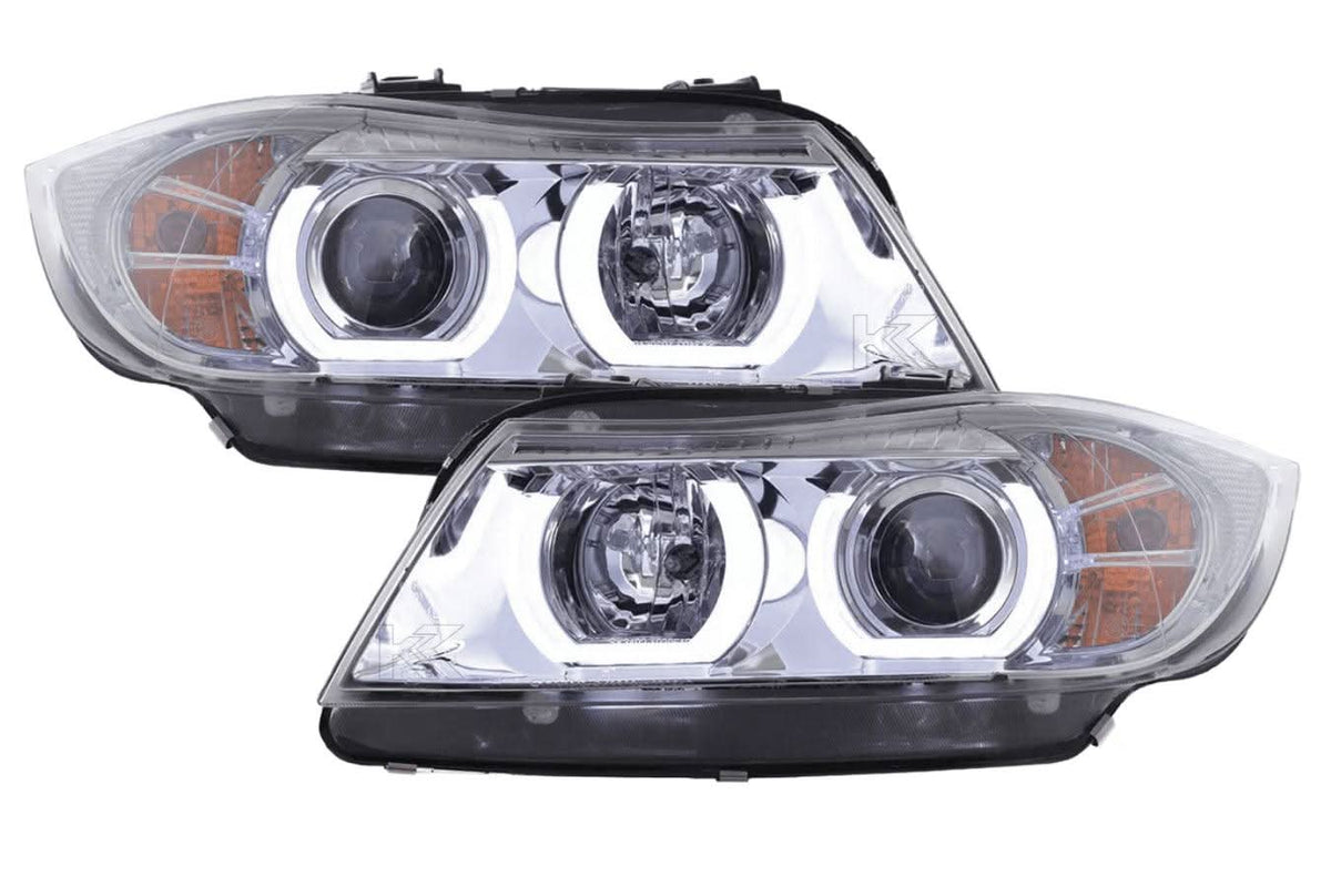 BMW 3 Series E90/E91 chrome LED U BAR headlights by K2 Industries, showing sleek headlight design with LED accents.