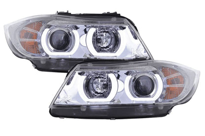 BMW 3 Series E90/E91 chrome LED U BAR headlights by K2 Industries, showing sleek headlight design with LED accents.