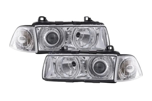 K2 Industries BMW 3-series E36 coupe/convertible chrome Xenon angel eyes headlights, 1992-1998 model.