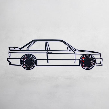 BMW E30 M3 Wall Art – Classic Steel Silhouette with Spinning Wheels -KAFMEKA013