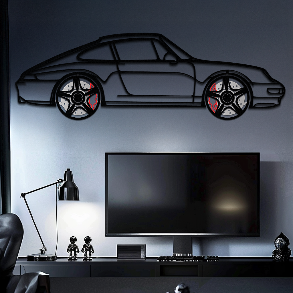 Porsche 911 (993) Silhouette Metal Wall Art – Classic Sports Car Décor with Rotating Wheels 🏁🔥,KAFMEKA058