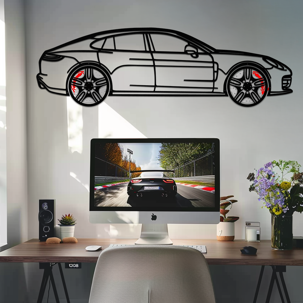 Porsche Taycan Turbo Cross Metal Wall Art – Electric Performance Silhouette with Rotating Wheels-KAFMEKA067